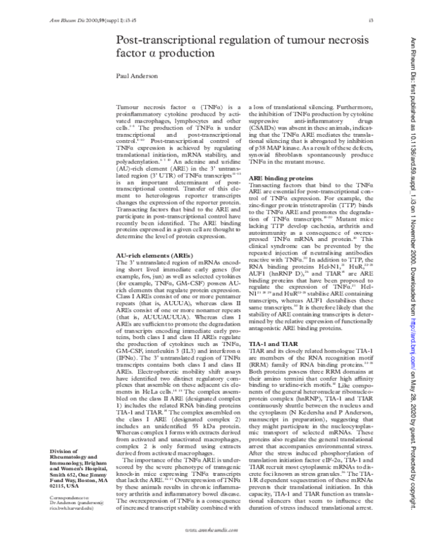 (PDF) Post-transcriptional regulation of tumour necrosis factor alpha ...