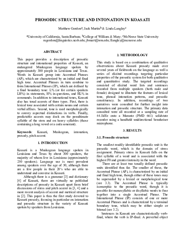 (PDF) Prosodic structure and intonation in Koasati
