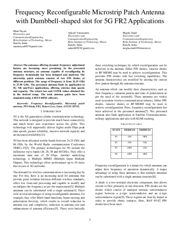 (PDF) Frequency Reconfigurable Microstrip Patch Antenna with Dumbbell ...