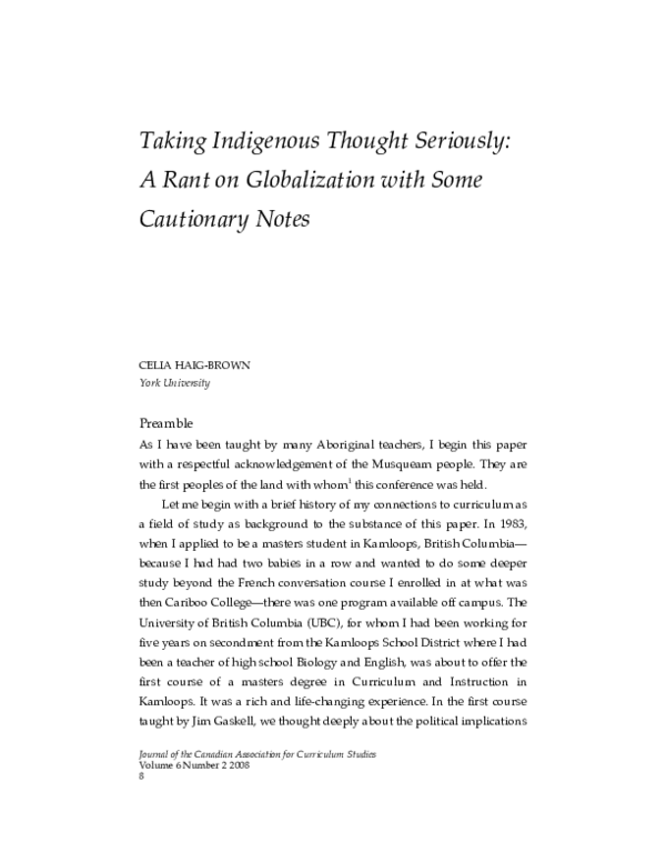 (PDF) Taking Indigenous Thought Seriously: A Rant on Globalization with ...