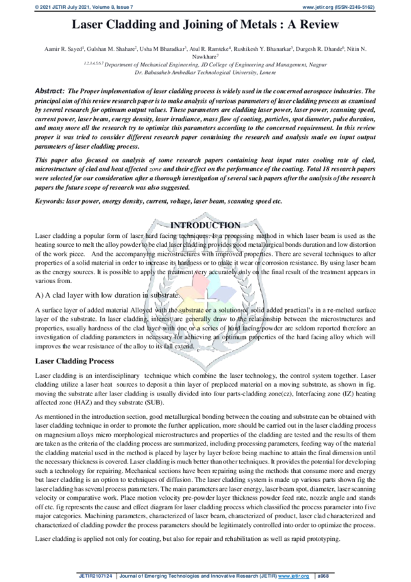 (PDF) Laser Cladding and Joining of Metals : A Review