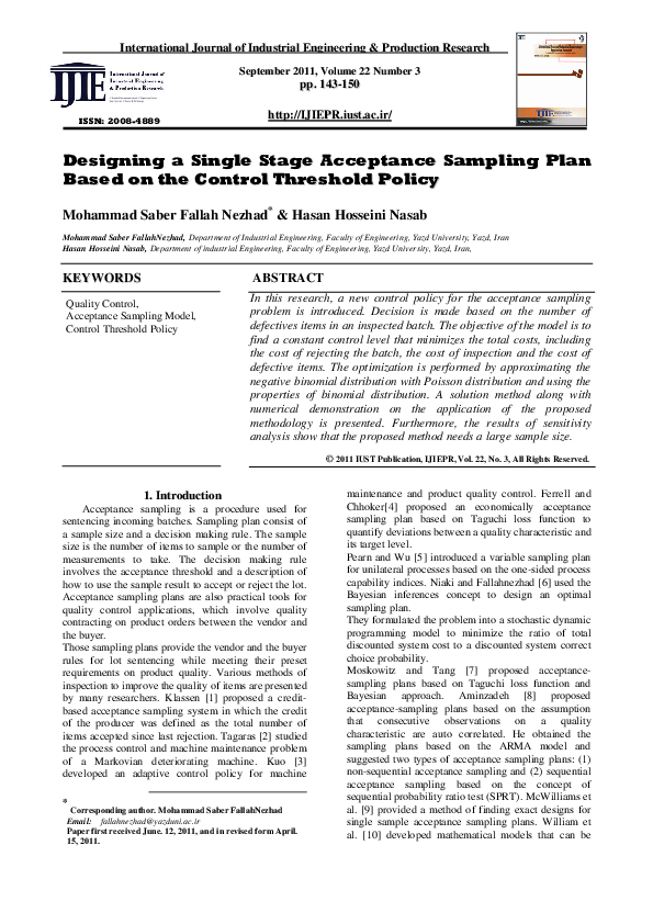 (PDF) Designing a Single Stage Acceptance Sampling Plan Based on the ...
