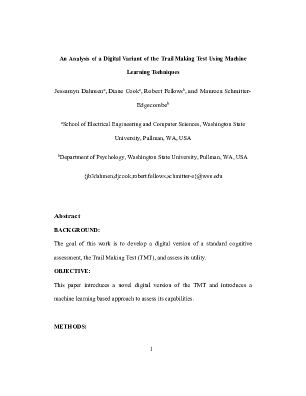 (PDF) An analysis of a digital variant of the Trail Making Test using ...