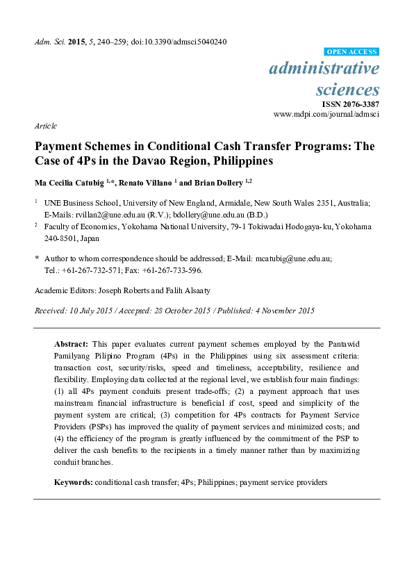  PDF Payment Schemes In Conditional Cash Transfer Programs The Case Of 4Ps In The Davao Region 