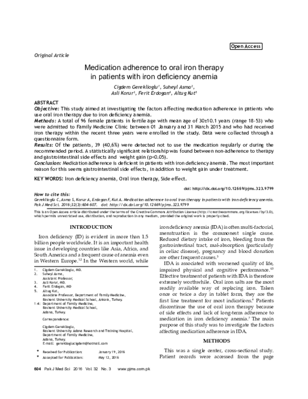 (PDF) Medication adherence to oral iron therapy in patients with iron ...