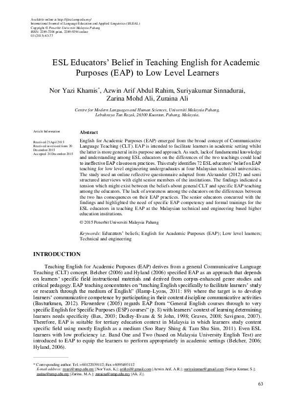 (PDF) ESL Educators’ Belief in Teaching English for Academic Purposes ...