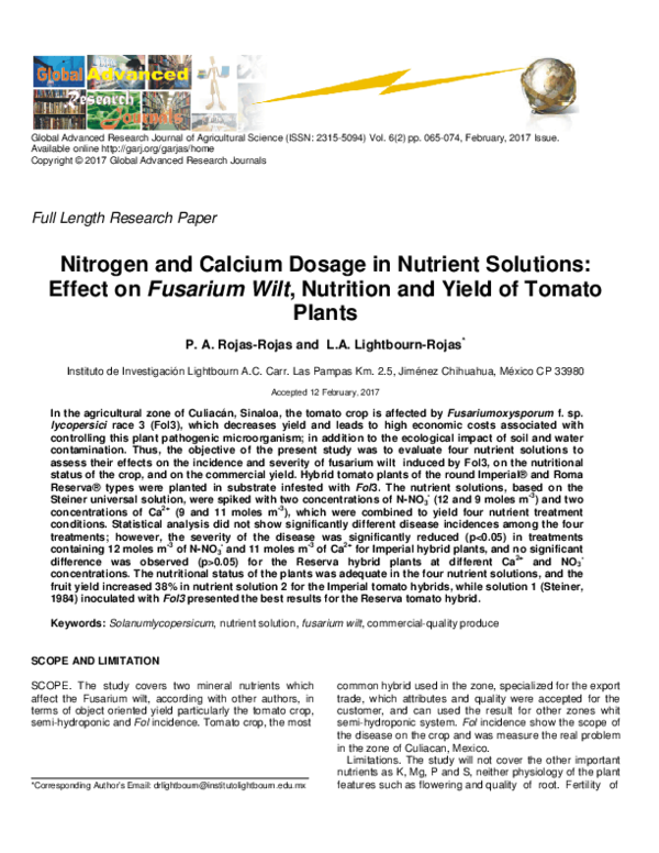(PDF) Nitrogen and Calcium Dosage in Nutrient Solutions: Effect on ...