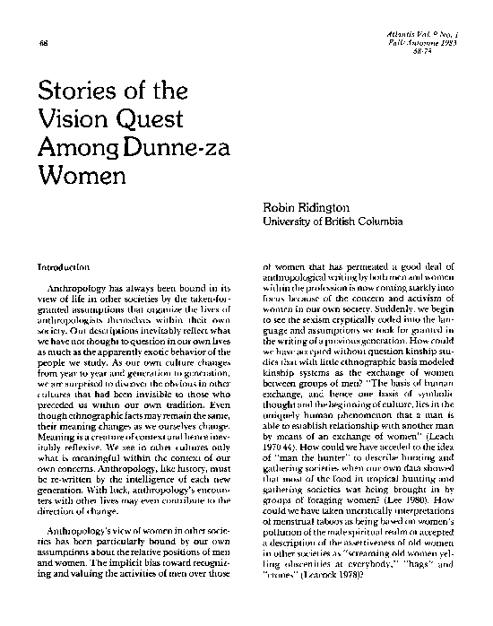 (PDF) Stories of the Vision Quest Among Dunne-za Women