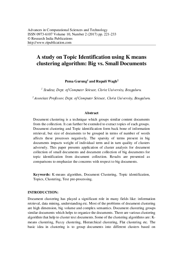 (PDF) A study on Topic Identification using K means clustering ...