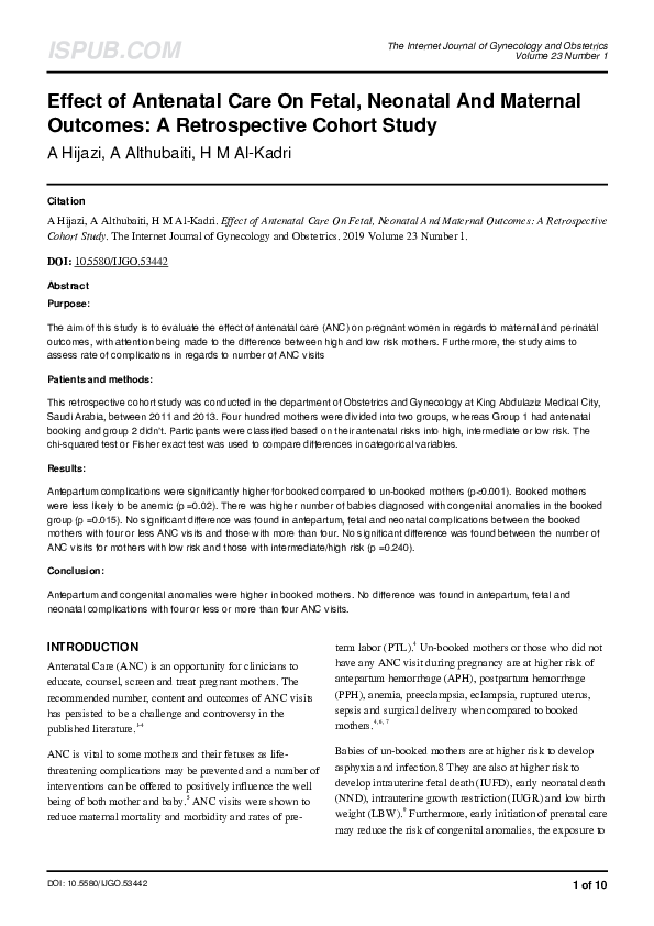 (PDF) Effect of Antenatal Care On Fetal, Neonatal And Maternal Outcomes ...