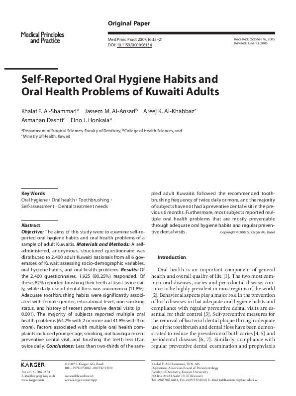 (PDF) Self-Reported Oral Hygiene Habits and Oral Health Problems of ...