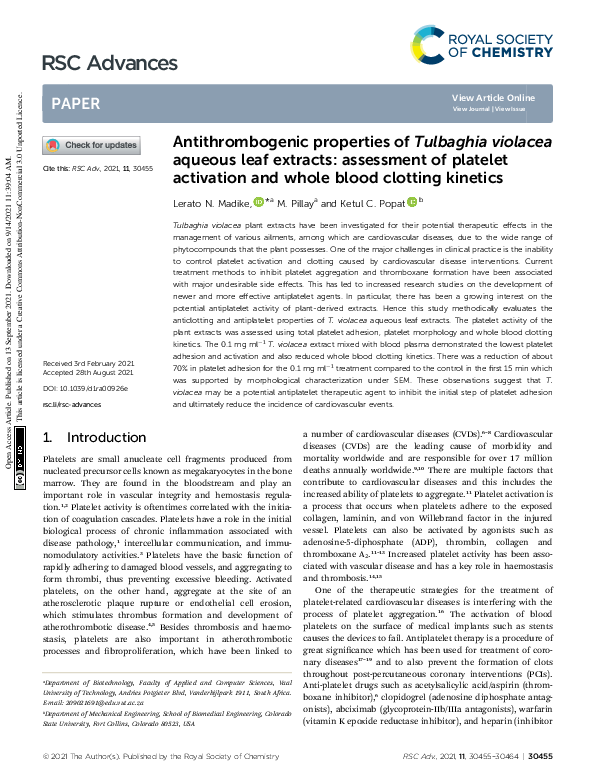 (PDF) Antithrombogenic properties of Tulbaghia violacea aqueous leaf ...