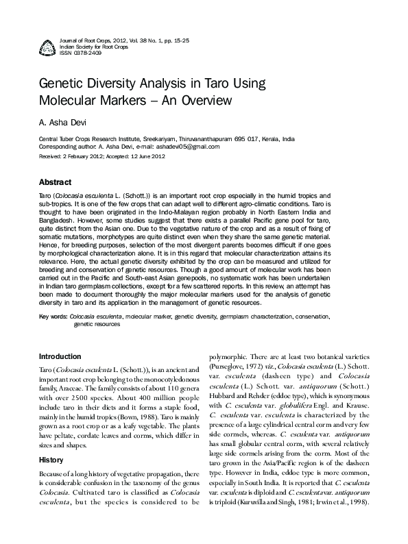 (PDF) Genetic Diversity Analysis in Taro Using Molecular Markers – An ...