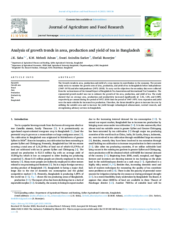(PDF) Analysis of growth trends in area, production and yield of tea in ...