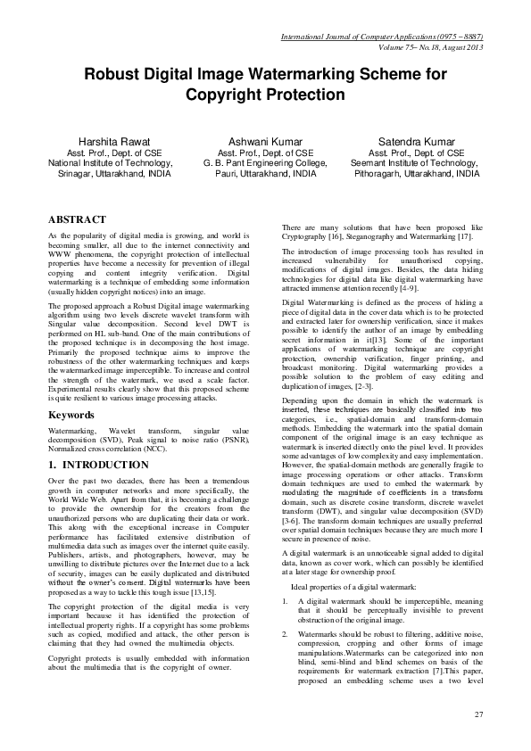 (PDF) A Robust Digital Image Watermarking Scheme Using Hybrid DWT-DCT-SVD