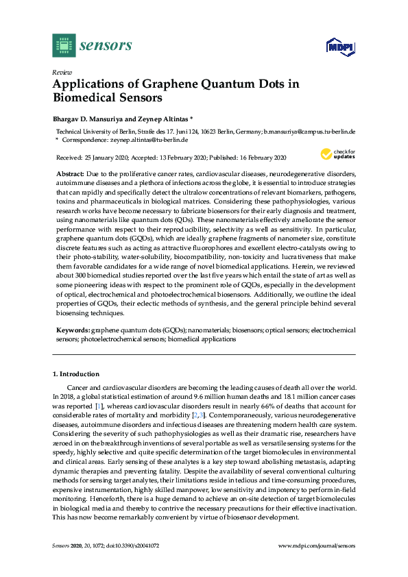 (PDF) Applications of Graphene Quantum Dots in Biomedical Sensors