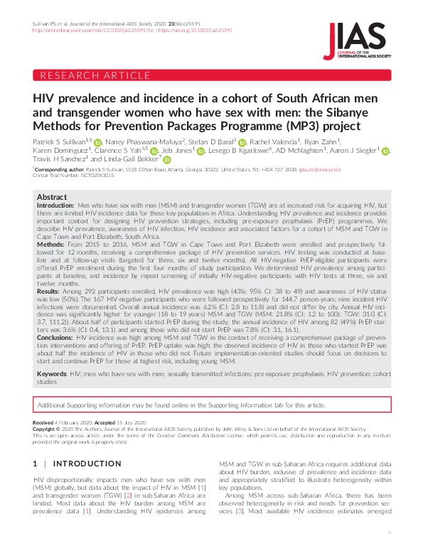 (PDF) HIV prevalence and incidence in a cohort of South African men and ...