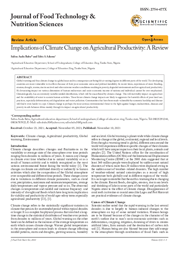 (PDF) Implications of Climate Change on Agricultural Productivity: A Review