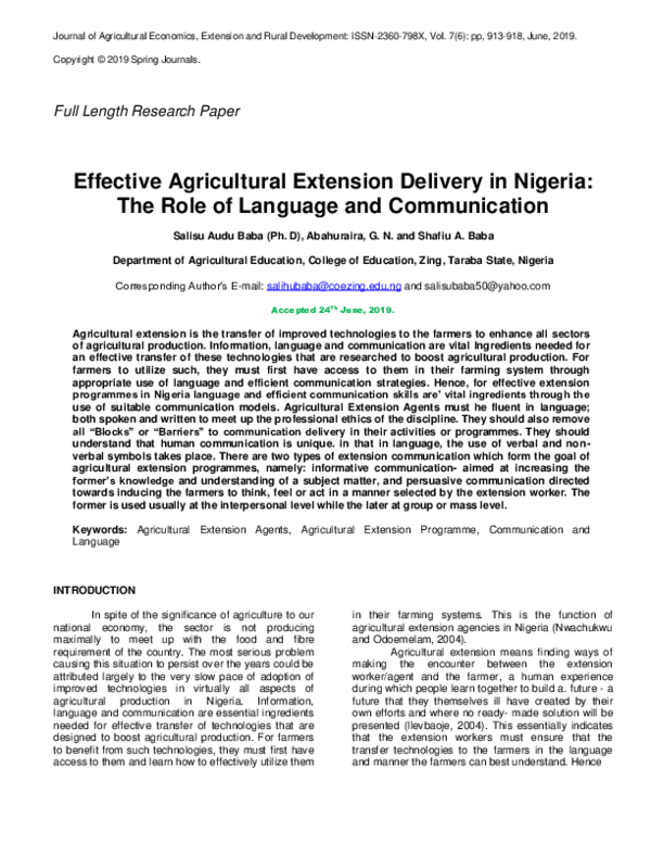 (PDF) Effective Agricultural Extension Delivery in Nigeria: The Role of ...
