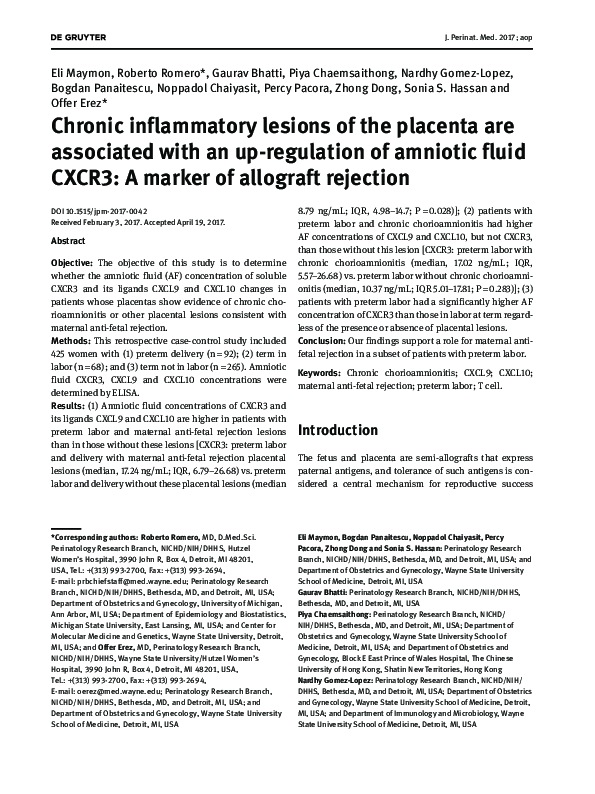 (PDF) Chronic inflammatory lesions of the placenta are associated with ...