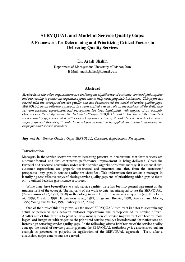 (PDF) SERVQUAL and model of service quality gaps: a framework for ...