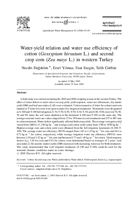 (PDF) Water-yield relation and water use efficiency of cotton ...