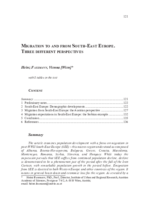 (PDF) Migration to and from South-East Europe. Three different perspectives