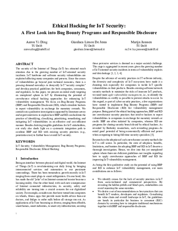 (PDF) Ethical Hacking for IoT Security: A First Look into Bug Bounty ...