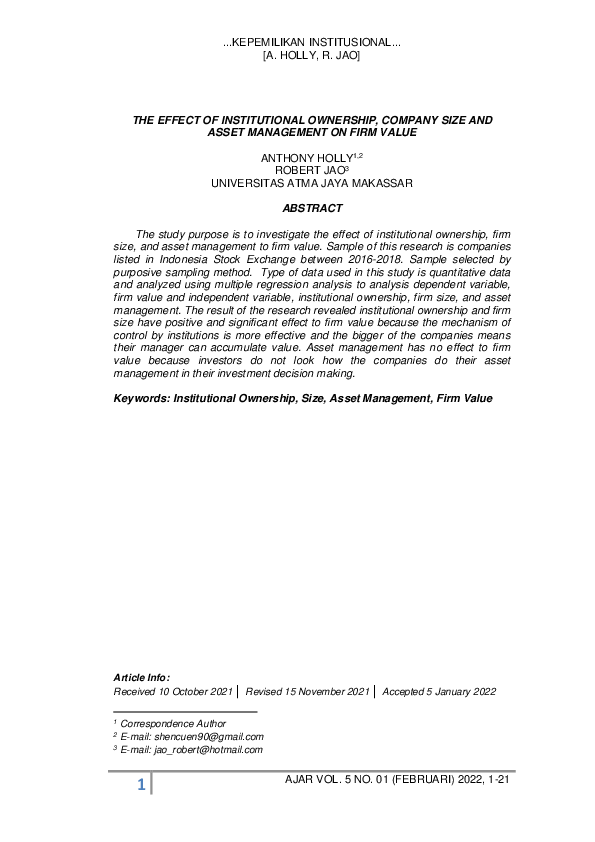 (PDF) THE EFFECT OF INSTITUTIONAL OWNERSHIP, COMPANY SIZE AND ASSET ...