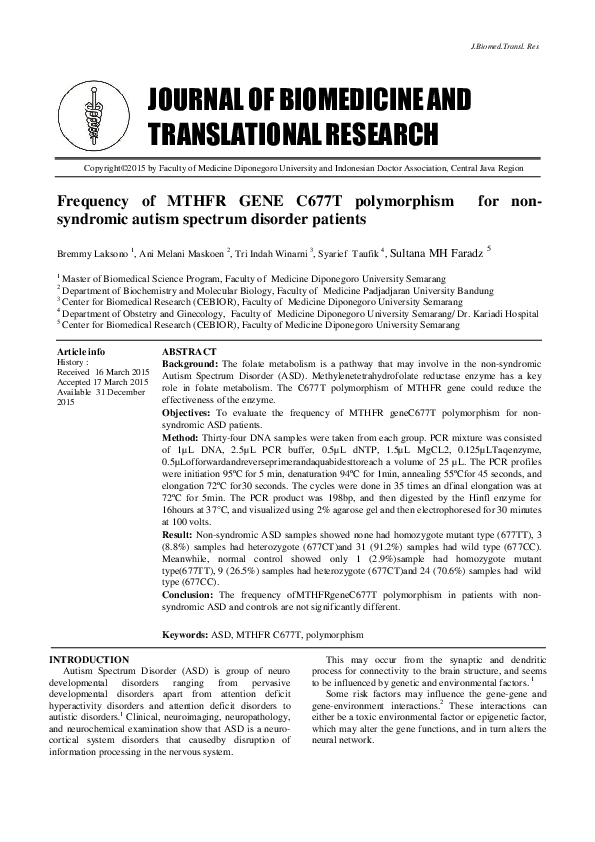 (PDF) Frequency of MTHFR GENE C677T Polymorphism for Non-Syndromic ...