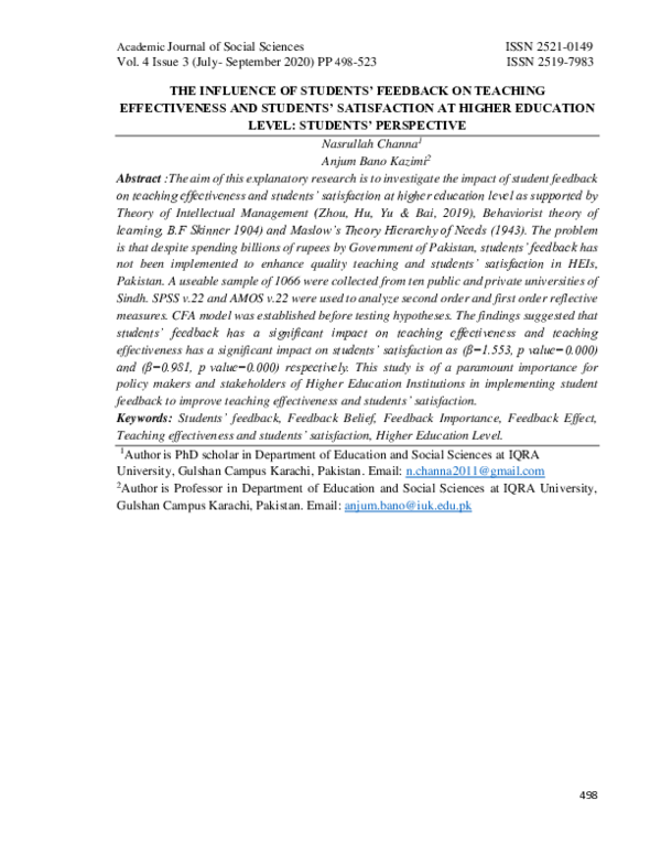 (PDF) The Influence of Student feedback on Teaching Effectiveness and ...