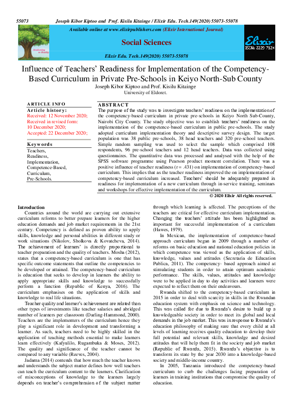 (PDF) Influence of Teachers ’ Readiness for Implementation of the ...