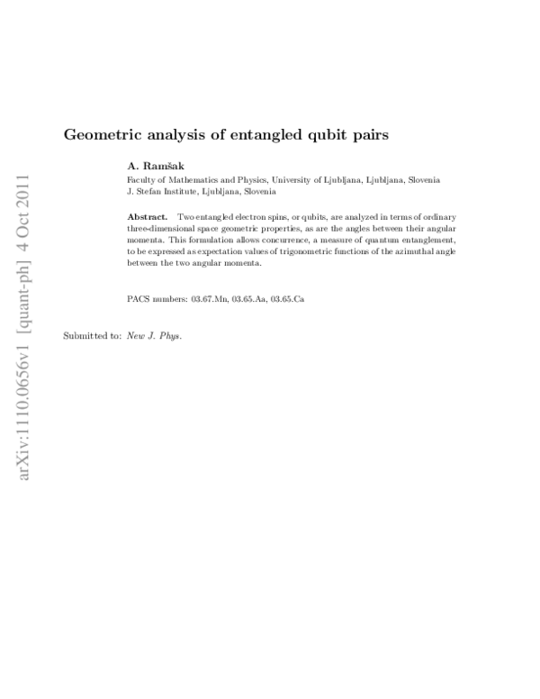 (PDF) Geometric analysis of entangled qubit pairs