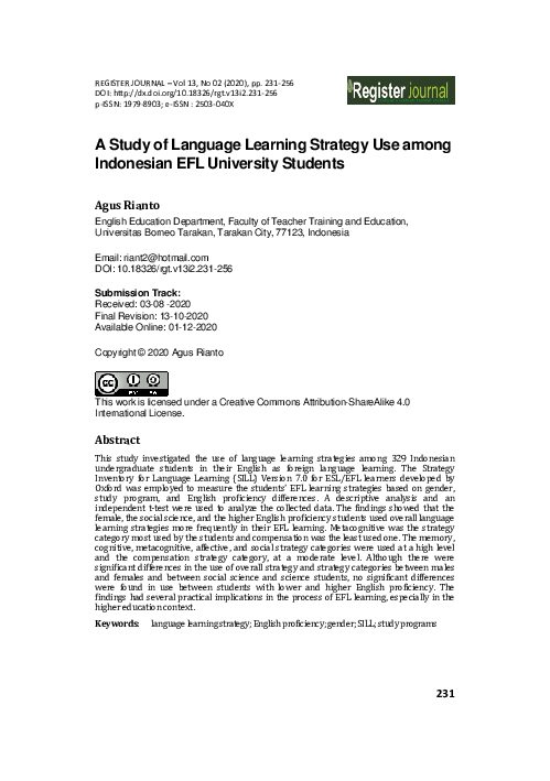 (PDF) A Study of Language Learning Strategy Use among Indonesian EFL ...