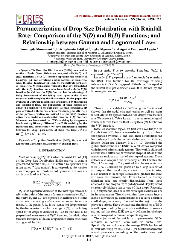(PDF) Parameterization of Drop Size Distribution with Rainfall Rate ...
