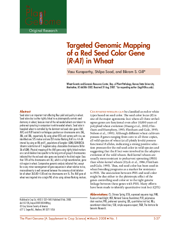 (PDF) Targeted Genomic Mapping of a Red Seed Color Gene () in Wheat
