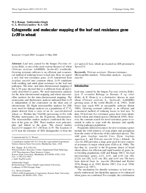 (PDF) Cytogenetic and molecular mapping of the leaf rust resistance ...