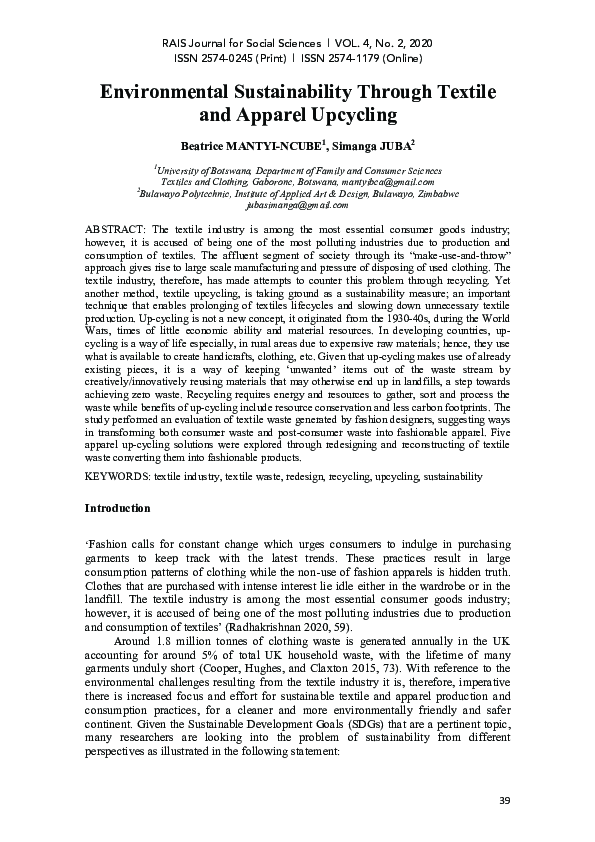 (PDF) Environmental Sustainability Through Textile and Apparel Upcycling