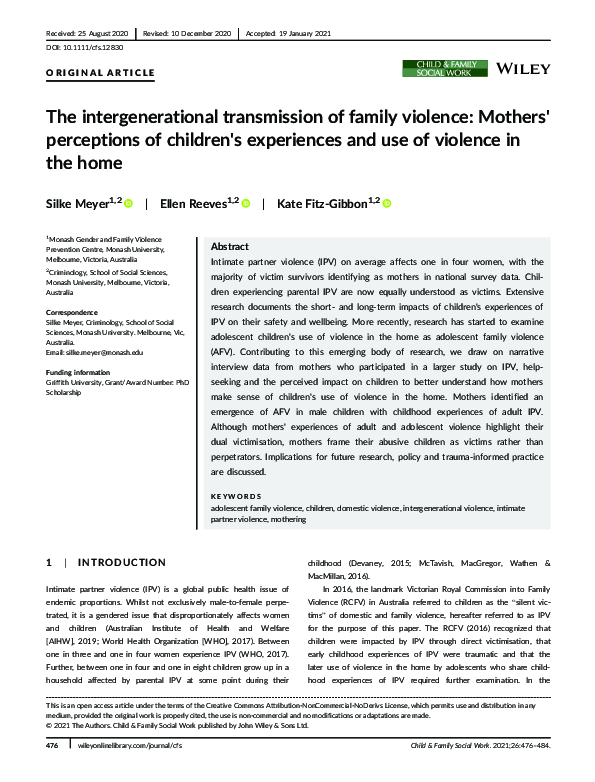 (PDF) The intergenerational transmission of family violence: Mothers ...
