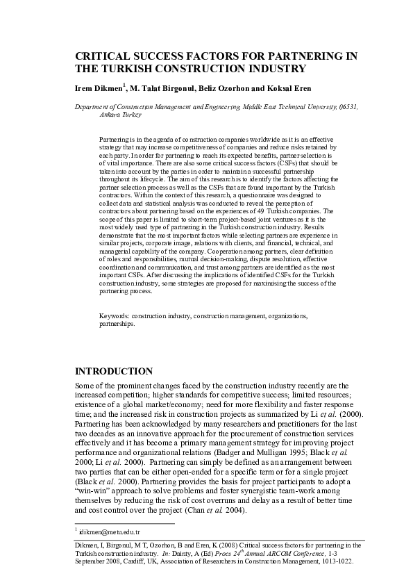 (PDF) Critical Success Factors for Partnering in the Turkish ...