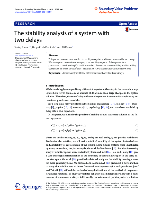 (PDF) The stability analysis of a system with two delays