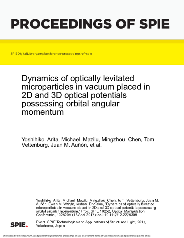 (PDF) Dynamics of optically levitated microparticles in vacuum placed ...