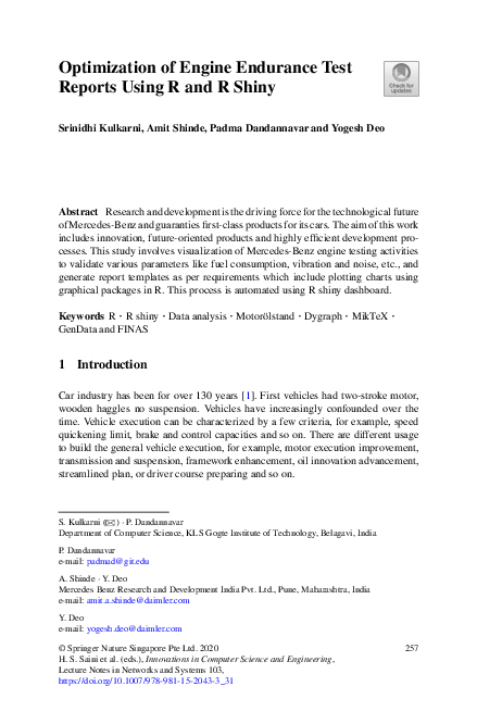 (PDF) Optimization of Engine Endurance Test Reports Using R and R Shiny