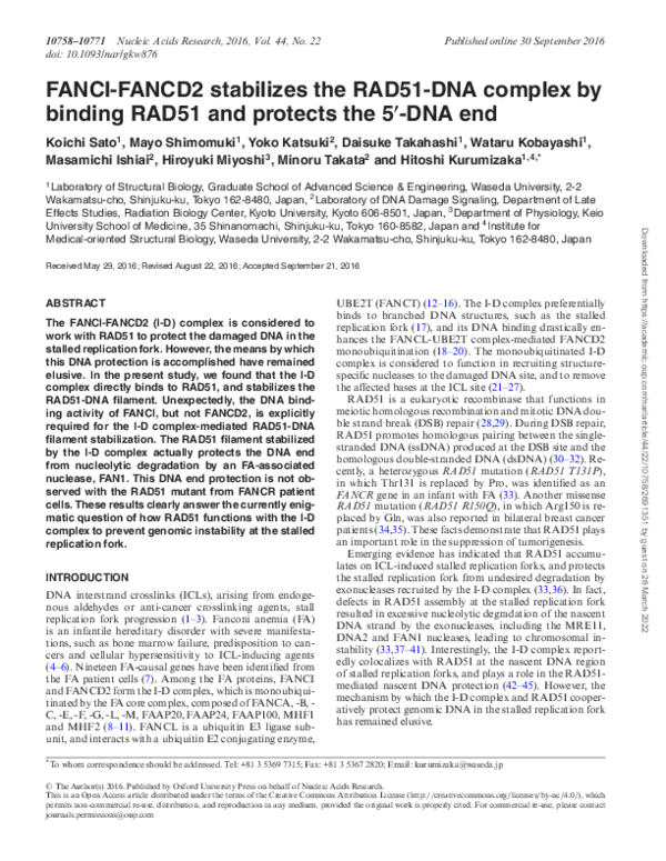 (PDF) FANCI-FANCD2 stabilizes the RAD51-DNA complex by binding RAD51 ...