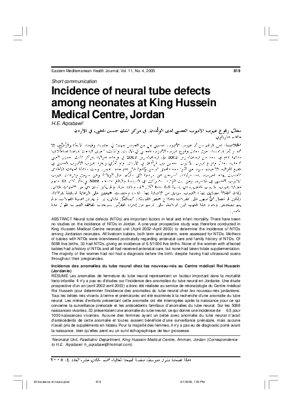 Incidence of neural tube defects among neonates at King Hussein Medical ...