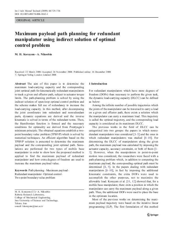 (PDF) Maximum payload path planning for redundant manipulator using ...