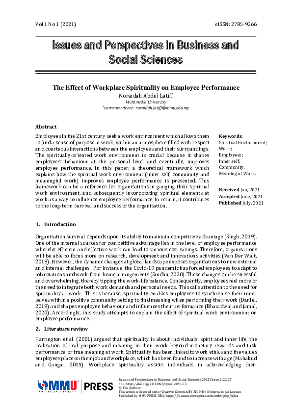 (PDF) Effect of Workplace Spirituality on Employee Performance