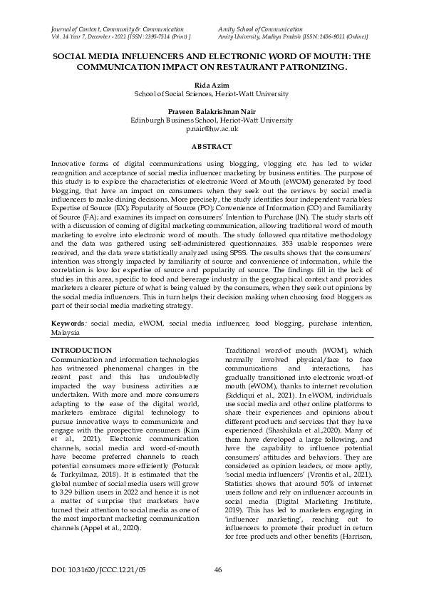 (PDF) Social Media Influencers and Electronic Word of Mouth: The ...