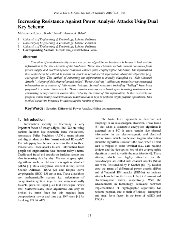 (PDF) Increasing Resistance Against Power Analysis Attacks Using Dual ...