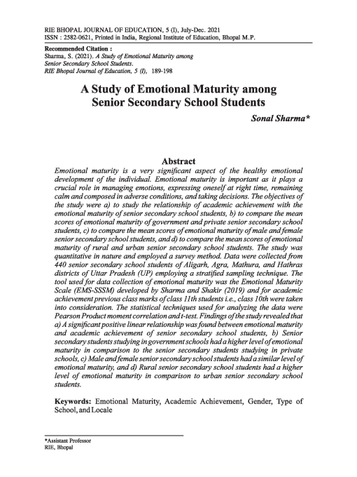 (PDF) A Study of Emotional Maturity among Senior Secondary School Students